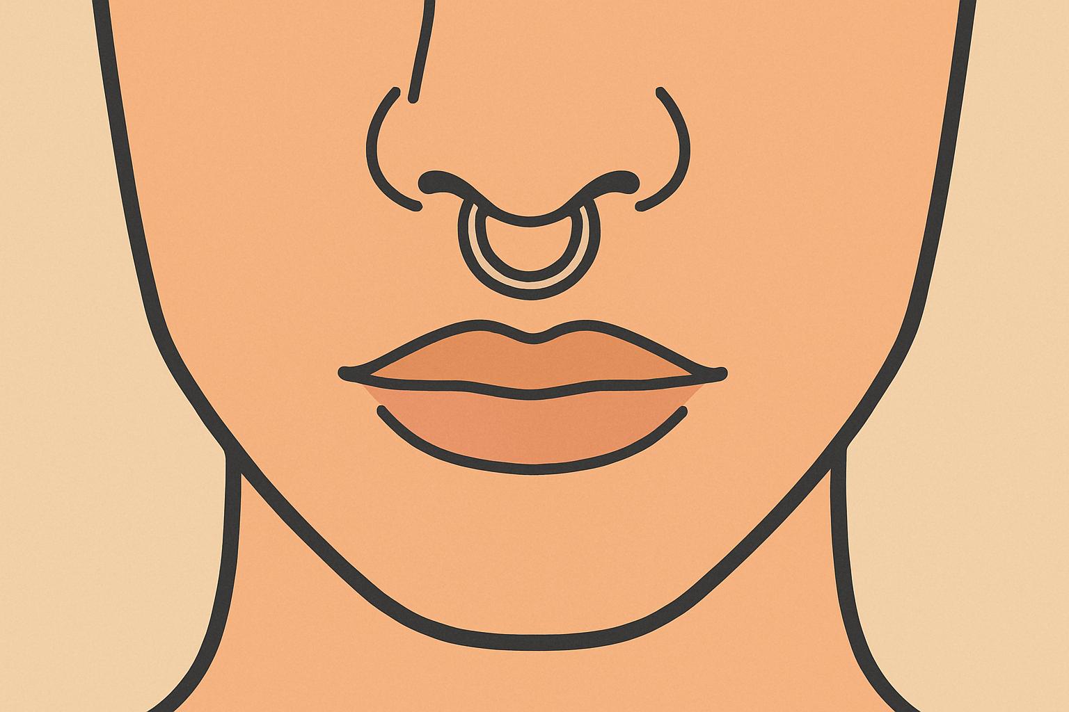 Illustration of a septum piercing: a small ring centered beneath the nose